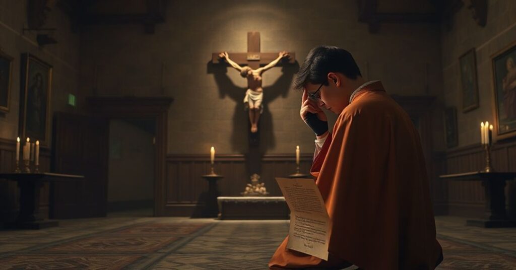 A young seminarian kneeling in prayer before a crucifix in a traditional seminary, with antipope Leo XIV presenting his apostolic letter in the background.