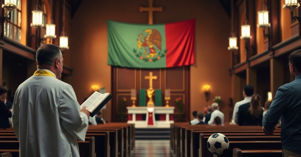 A somber Catholic priest in a Mexican church contrasts with a World Cup banner, symbolizing the spiritual decline in the post-conciliar Church.