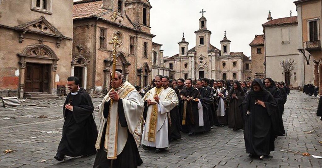 A solemn Catholic procession with a traditional priest and penitents praying in a desolate town square, reflecting the moral and theological collapse of the conciliar sect.