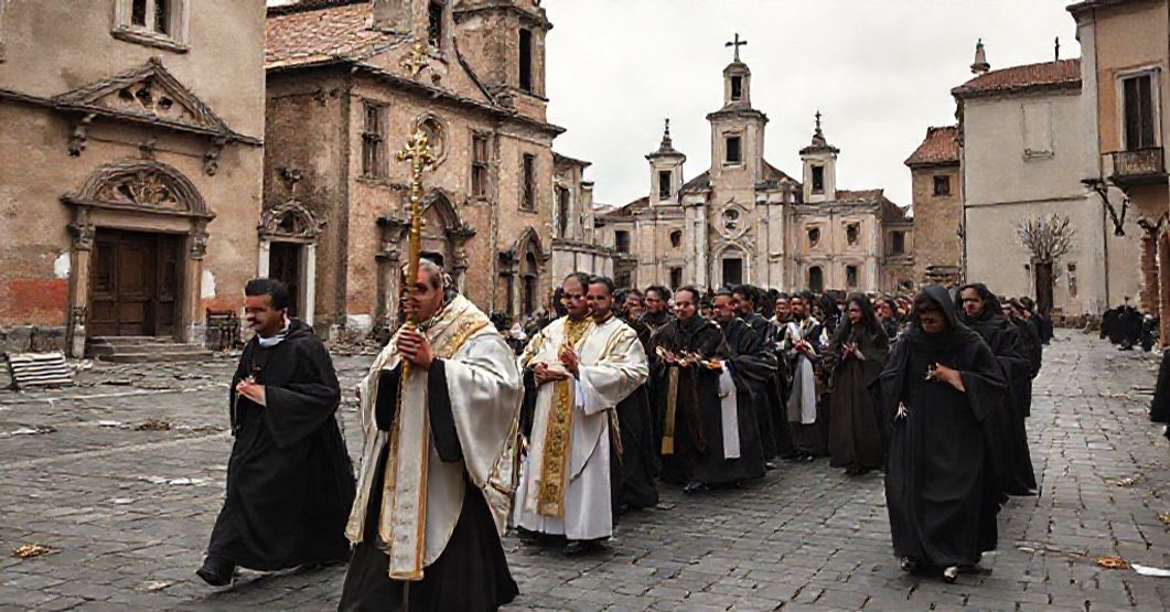 A solemn Catholic procession with a traditional priest and penitents praying in a desolate town square, reflecting the moral and theological collapse of the conciliar sect.