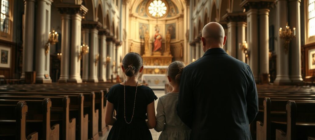 A traditional Catholic family praying before an empty cathedral altar, symbolizing the spiritual emptiness of modernist 'faith tourism'.