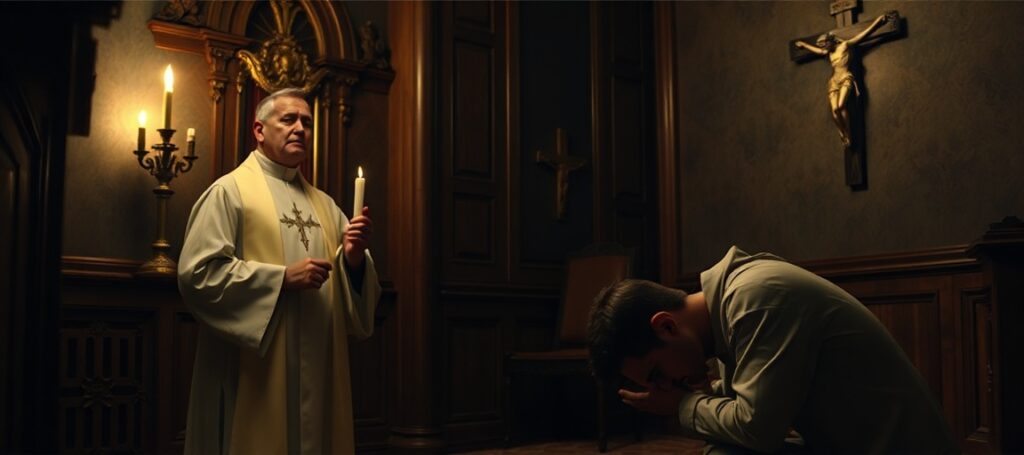 A priest in a traditional confessional listening to a penitent's confession, symbolizing spiritual healing and the Catholic approach to mental health.