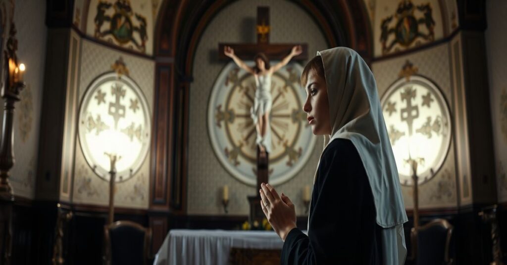 A young woman in a traditional Catholic habit kneels in prayer before a crucifix in a dimly lit chapel, reflecting psychological and spiritual abuse within a conciliar-linked traditionalist community.