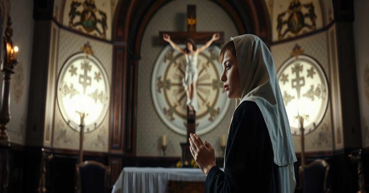 A young woman in a traditional Catholic habit kneels in prayer before a crucifix in a dimly lit chapel, reflecting psychological and spiritual abuse within a conciliar-linked traditionalist community.