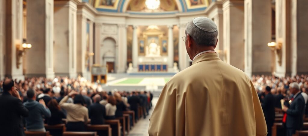 A solemn Catholic priest in St. Peter's Basilica contrasting with a distant Olympic stadium, symbolizing the spiritual void in Leo XIV's address to athletes.