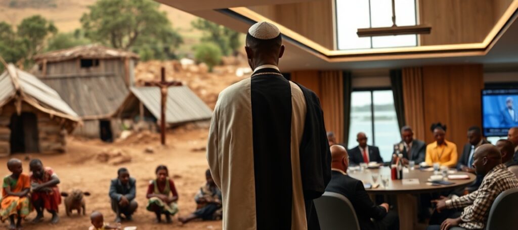 Catholic priest with crucifix contrasts spiritual solutions to secular water crisis in Africa.
