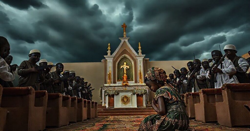 A solemn Catholic church in Nigeria under threat from armed Fulani herdsmen, with a distressed young girl praying before the Blessed Sacrament.