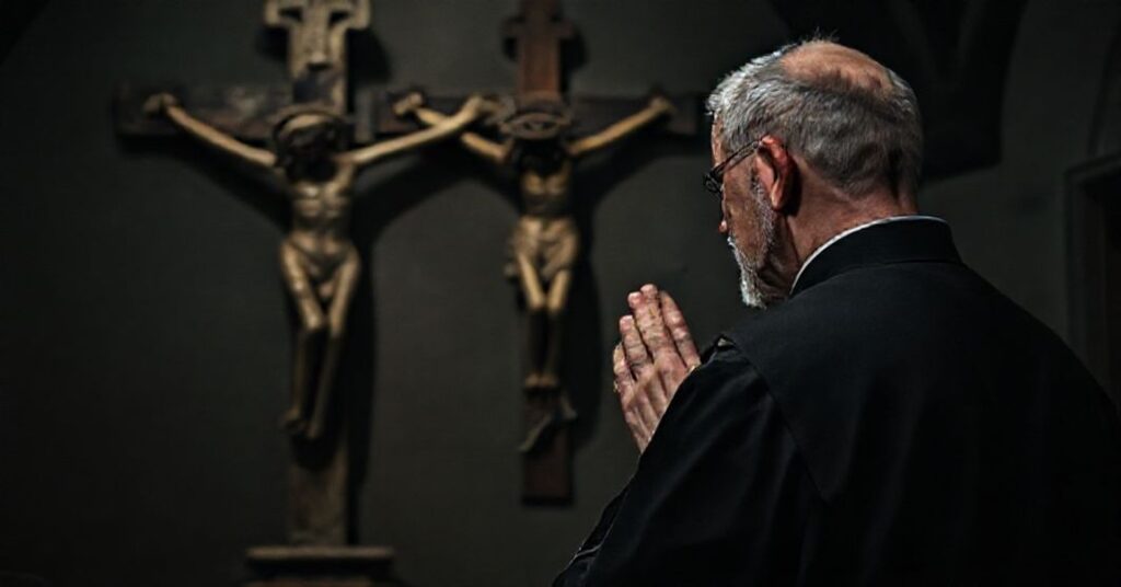 Traditional Catholic priest in solemn prayer before a crucifix in a dimly lit chapel, reflecting spiritual warfare and doctrinal integrity.