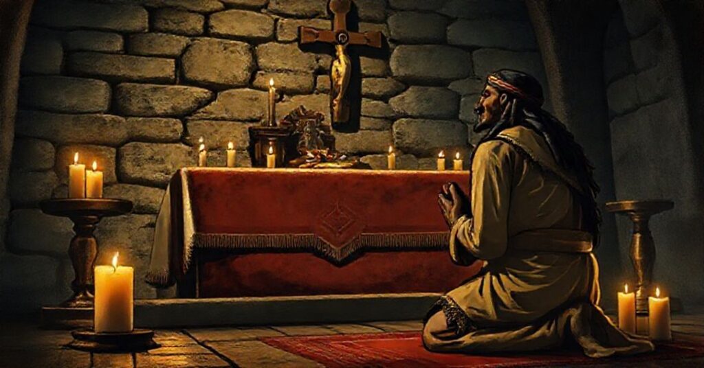 Squanto kneeling in prayer before a Catholic altar in a dimly lit chapel, symbolizing his alleged baptism and the urgency of evangelization among Native Americans
