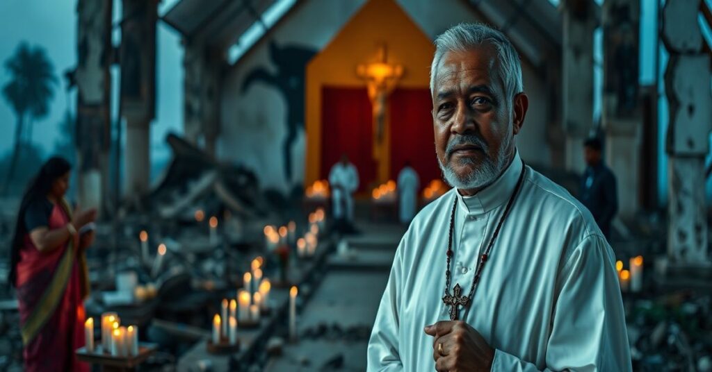 A reverent portrait of Catholic priest Father Cyril Gamini Fernando praying in front of a ruined church in Sri Lanka after the 2019 Easter bombings.