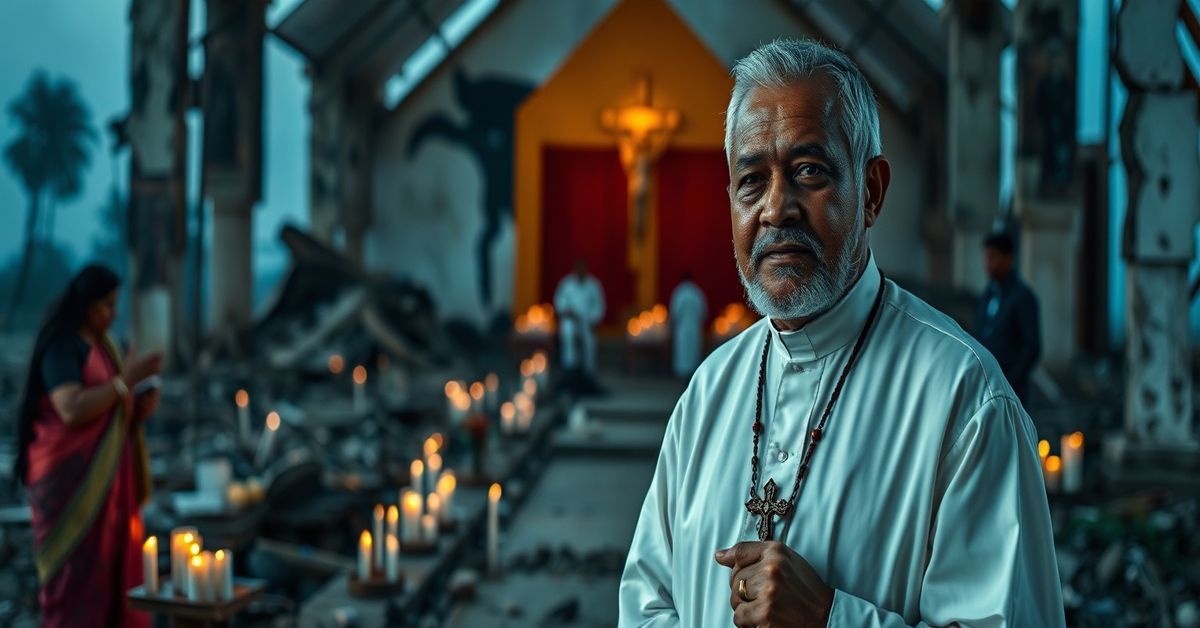 Catholic Priest Prays for Justice After Sri Lanka Bombings A reverent portrait of Catholic priest Father Cyril Gamini Fernando praying in front of a ruined church in Sri Lanka after the 2019 Easter bombings.