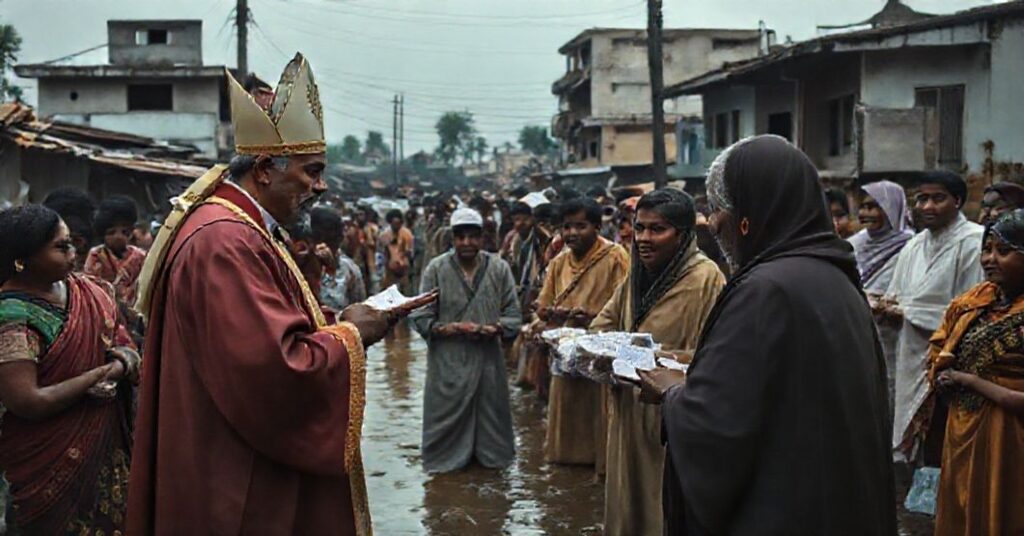 A traditional Catholic priest administering sacraments to flood victims in Sri Lanka, contrasting with modernist clergy and Protestant ministers distributing material aid.