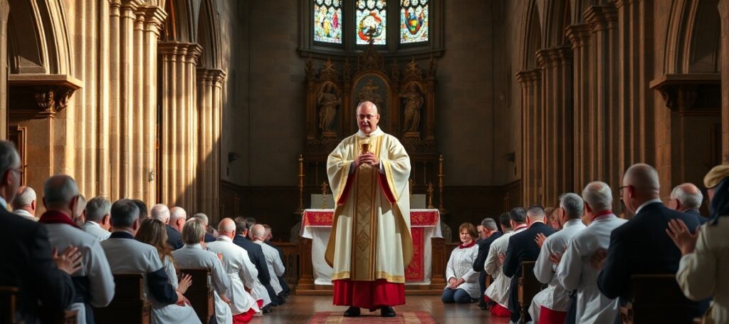A Catholic bishop in traditional vestments performs a consecration ceremony with the SSPX faithful amid doubts of conciliar authority.