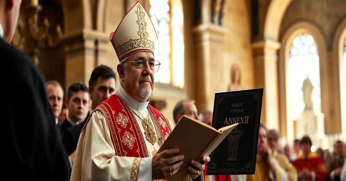 A reverent depiction of an episcopal consecration without papal mandate, symbolizing the SSPX's debate on tradition and heresy.