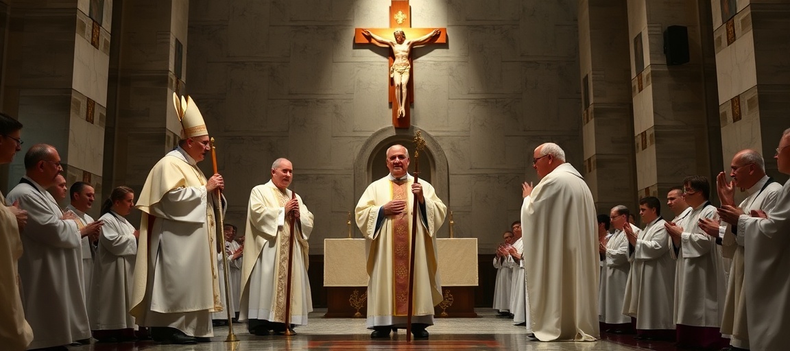 SSPX bishops Bernard Fellay and Marcel Lefebvre performing illicit consecrations alongside Robert Prevost in a dimly lit chapel, highlighting canonical irregularity and schism within the Catholic Church.