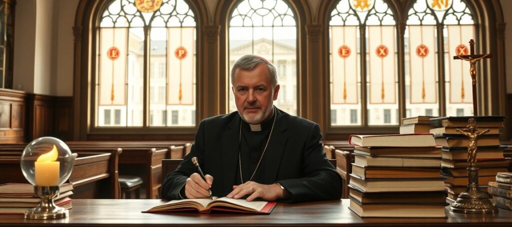 Fr. Davide Pagliarani signing document in traditional chapel at Écône during SSPX schismatic response to Vatican excommunication decree under antipope Leo XIV