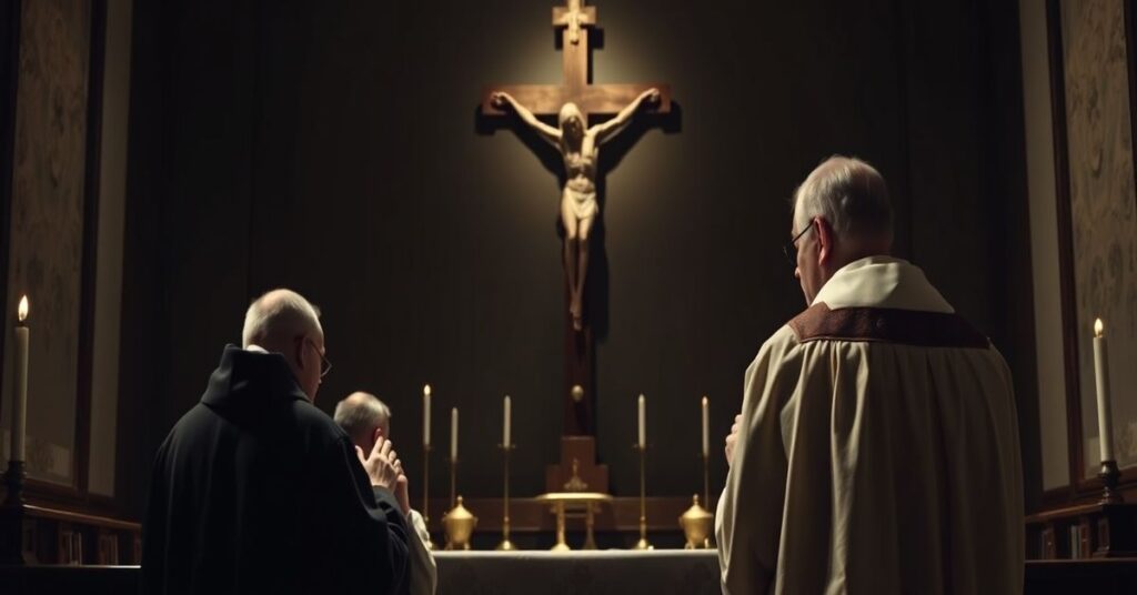 Father Davide Pagliarani and unnamed SSPX priests praying in a traditional Catholic chapel before a crucifix.