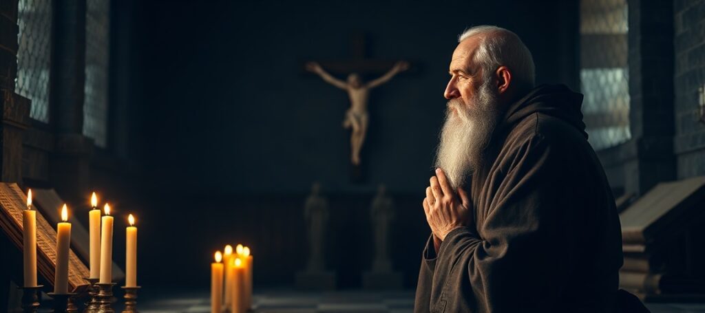 St. Anselm of Canterbury in prayer before a crucifix in a medieval chapel.