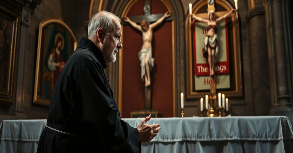 St. Bernard of Clairvaux kneeling in prayer before a crucifix in a dimly lit chapel.