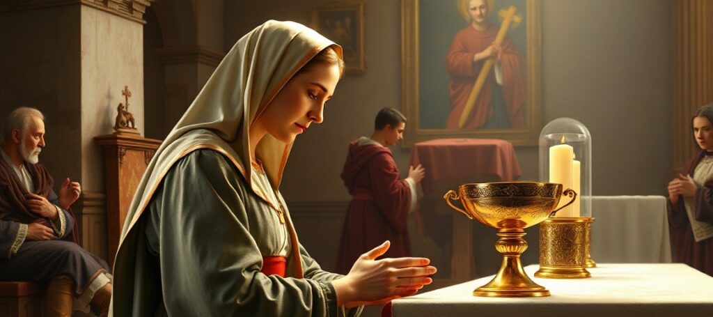 A reverent portrait of St. Catherine of Siena in prayer before the Eucharist, highlighting her mystical union with Christ and role in Church reform.