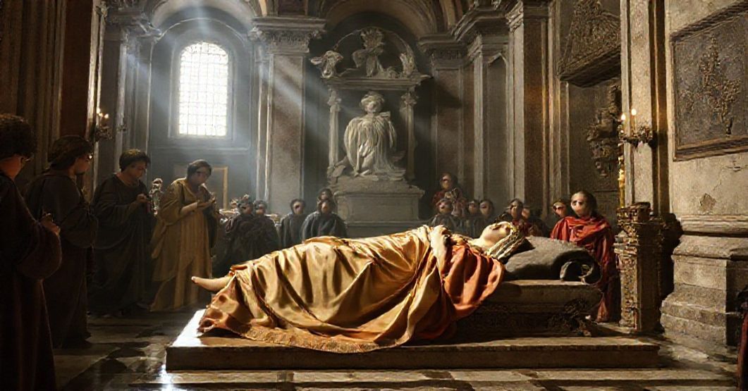 St. Cecilia's incorrupt body in the Basilica of St. Cecilia, Rome, with traditional Baroque elements and Latin antiphon emphasizing her martyrdom.