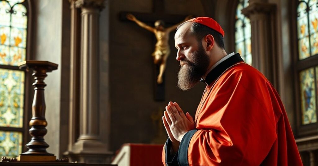 Portrait of St. Charles Borromeo kneeling in prayer before a crucifix, reflecting his piety and doctrinal resolve as a Counter-Reformation saint.