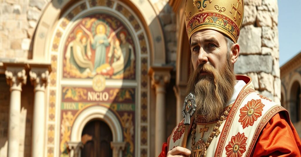 St. Cyril of Jerusalem stands firm against Arian heresy in a traditional Catholic depiction.