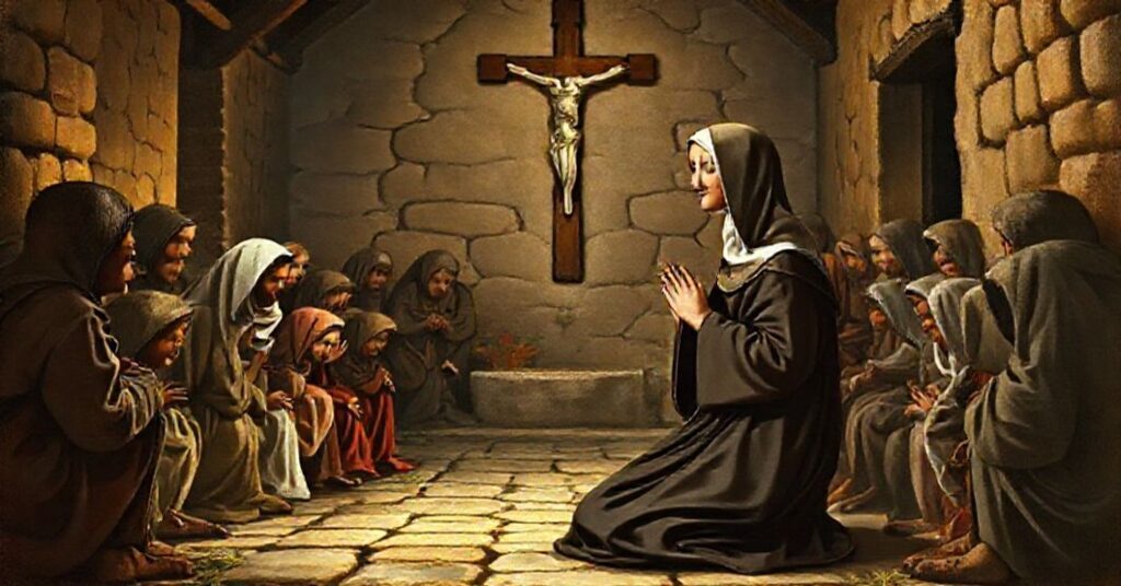St. Elizabeth of Hungary in Franciscan habit praying before a hospital for the poor, embodying true Catholic charity rooted in supernatural grace.
