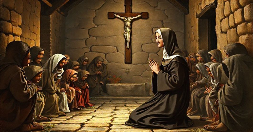St. Elizabeth of Hungary: True Charity Rooted in Faith St. Elizabeth of Hungary in Franciscan habit praying before a hospital for the poor, embodying true Catholic charity rooted in supernatural grace.