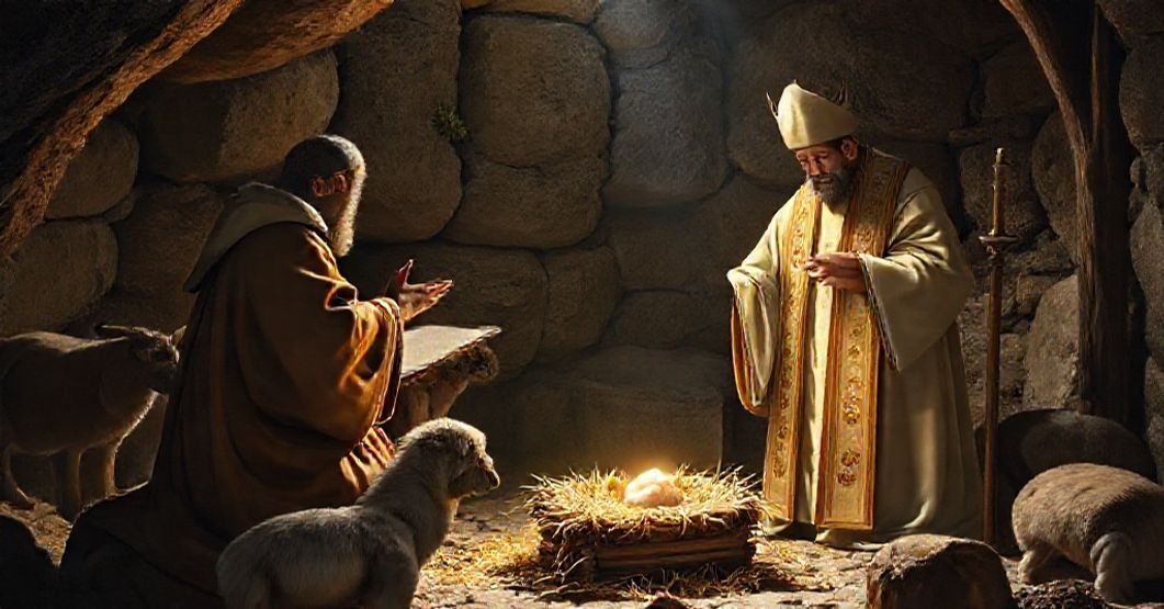 St. Francis of Assisi creating the first Nativity scene in Greccio with a miraculous appearance of the infant Jesus during Mass.