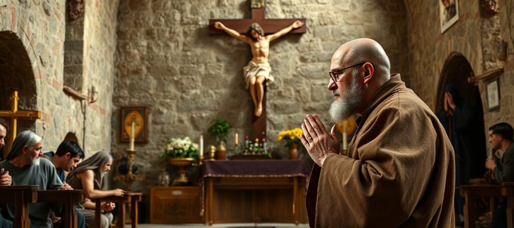 A devotional portrait of St. Francis of Assisi in prayer before a crucifix, symbolizing his transformation and call to holiness.