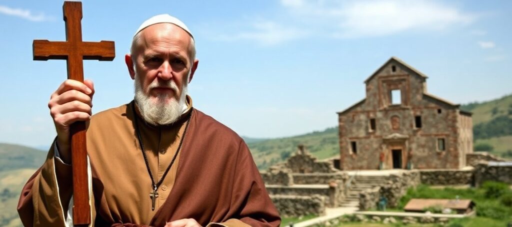 A reverent portrait of St. Francis of Assisi before San Damiano ruins, symbolizing his supernatural mission and rejecting modernist distortions.