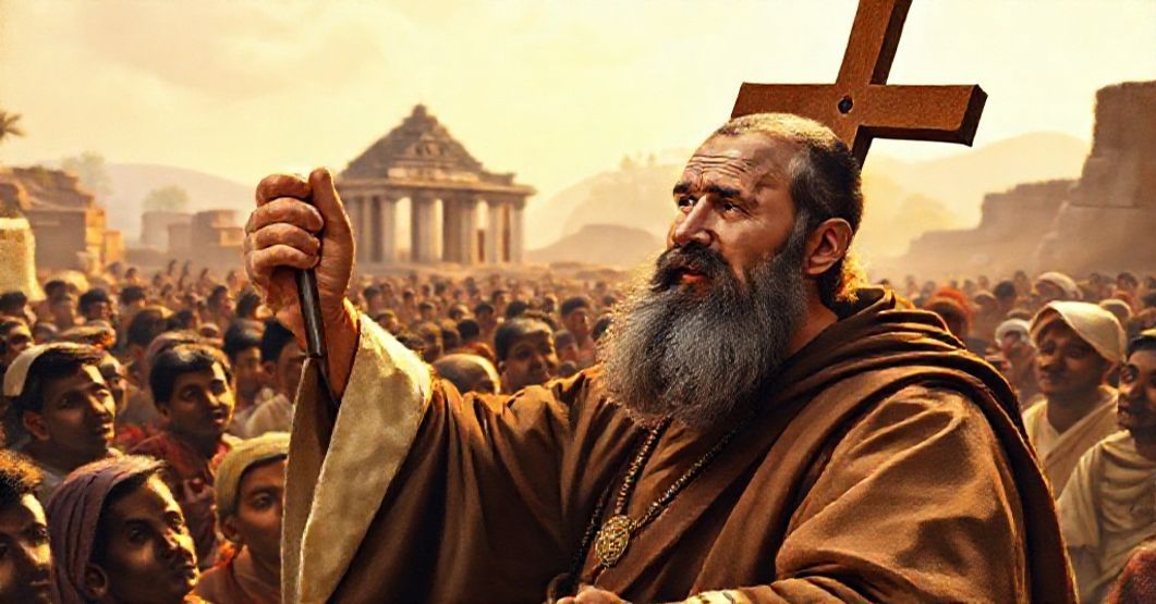Reverent portrait of St. Francis Xavier preaching to a crowd in 16th-century India, symbolizing his missionary zeal and destruction of idolatry.