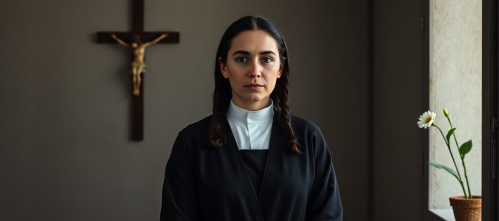 A reverent portrait of St. Gianna Molla reflecting her martyrdom and sacrifice for her unborn child in a solemn Catholic setting.