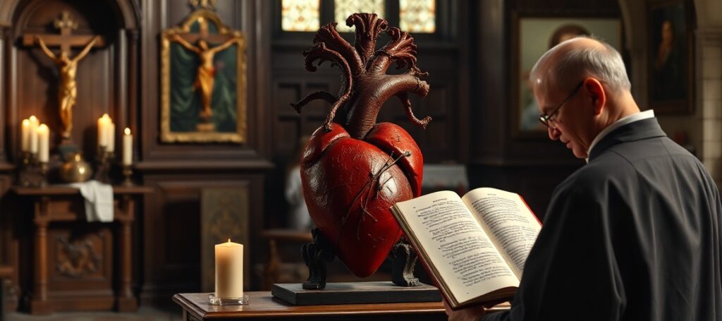 A solemn Catholic image depicting St. Hannibal Mary Di Francia's incorrupt heart in a traditional church setting, contrasting with conciliar elements.