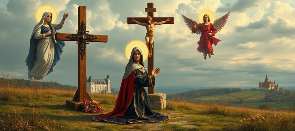 A reverent depiction of St. Joan of Arc in prayer, surrounded by divine visions, symbolizing her supernatural mission and Catholic faith.