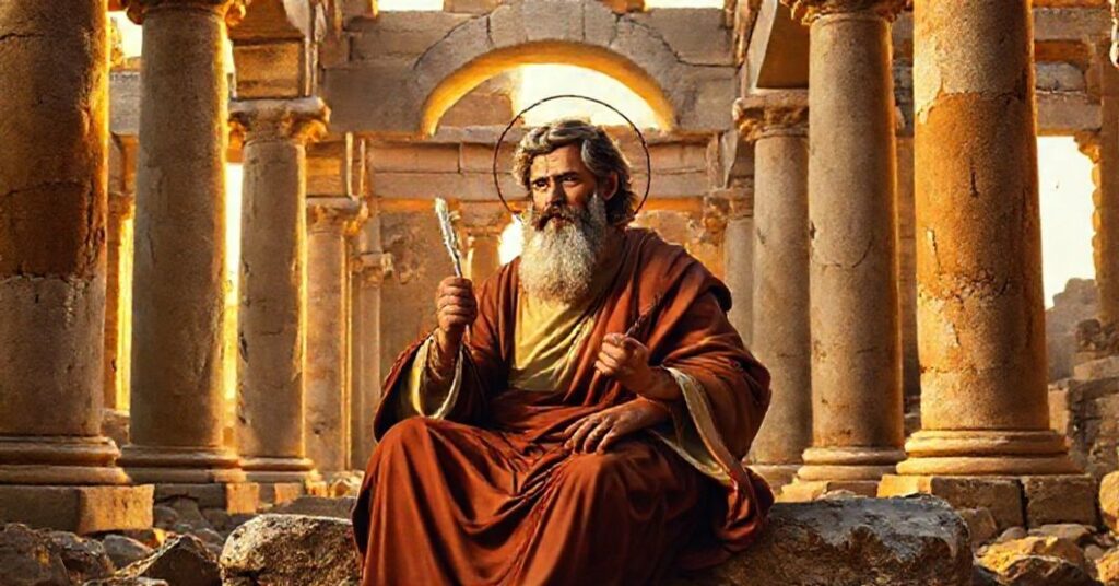 St. John the Evangelist contemplating amidst the ruins of his Ephesian basilica, holding a quill and surrounded by ancient stone arches.