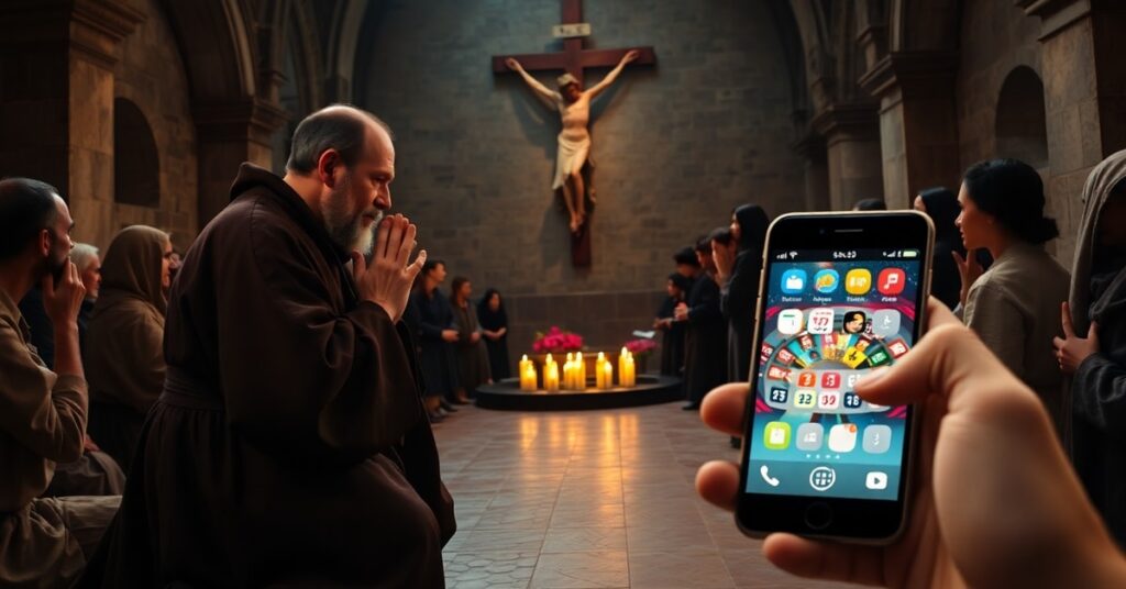 Portrait of St. John Francis Regis praying in a church with poor souls seeking confession, contrasting with a modern gambling app on a smartphone.