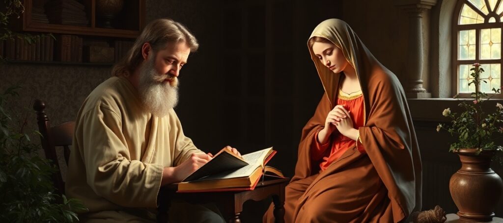 St. John the Evangelist writing his Gospel under the spiritual guidance of the Blessed Virgin Mary in a traditional Catholic setting.