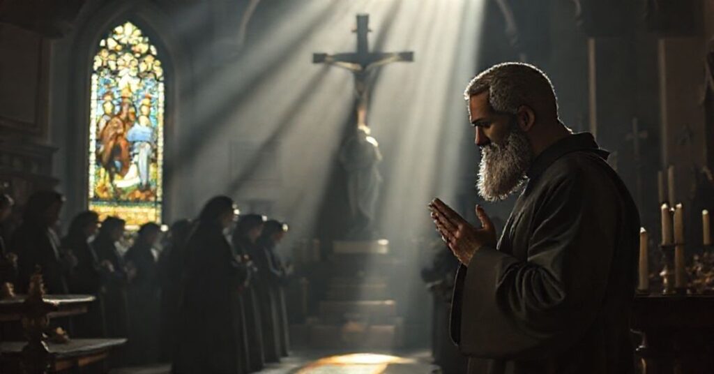 A traditional Catholic depiction of St. John of the Cross in prayer within a historic Carmelite chapel.