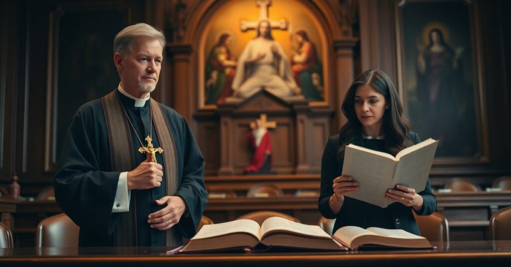 A courtroom scene depicting St. John's University President Father Brian Shanley and union leader Sophia Bell in a legal dispute over Catholic mission and labor rights.