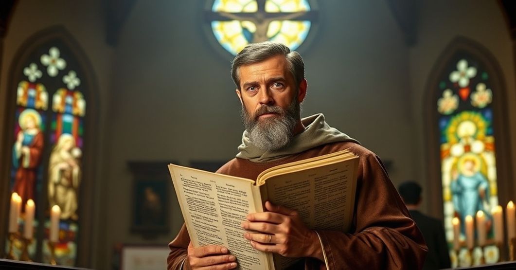 St. Joseph with a scroll of traditional Catholic teachings in a reverent church setting, symbolizing righteous judgment against Modernist distortion.