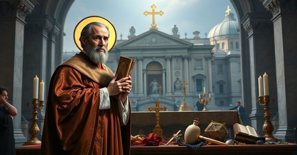 St. Leo the Great holding his Tome before a traditional Catholic altar, symbolizing the defense of Christological orthodoxy against modern apostasy.