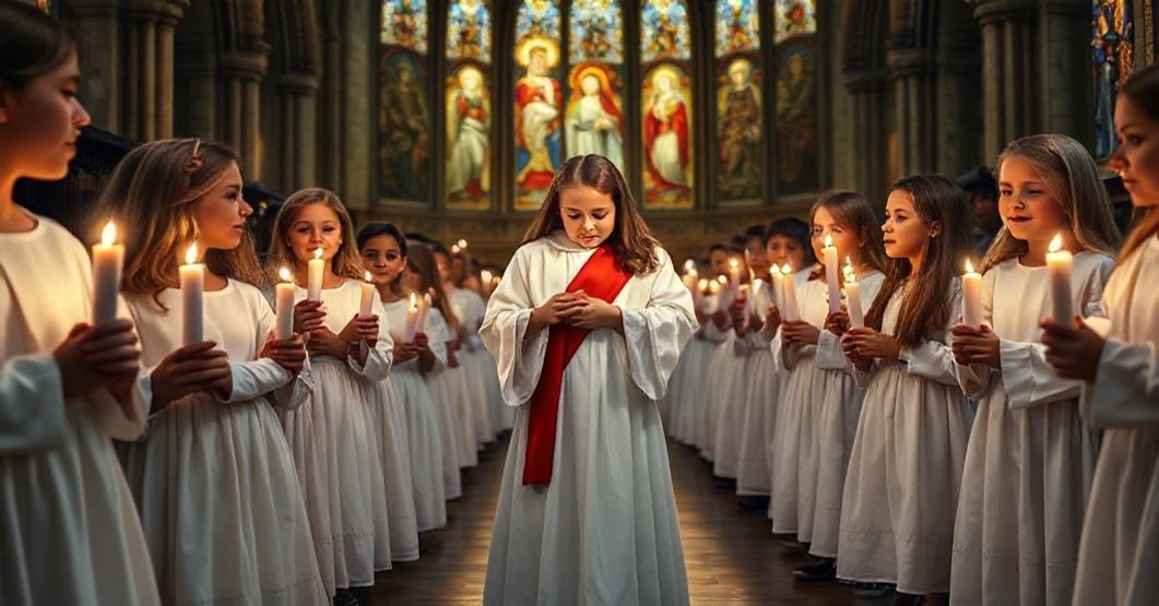 A solemn depiction of St. Lucy's martyrdom with a young girl in a white robe and red sash holding candles in a traditional Catholic procession.