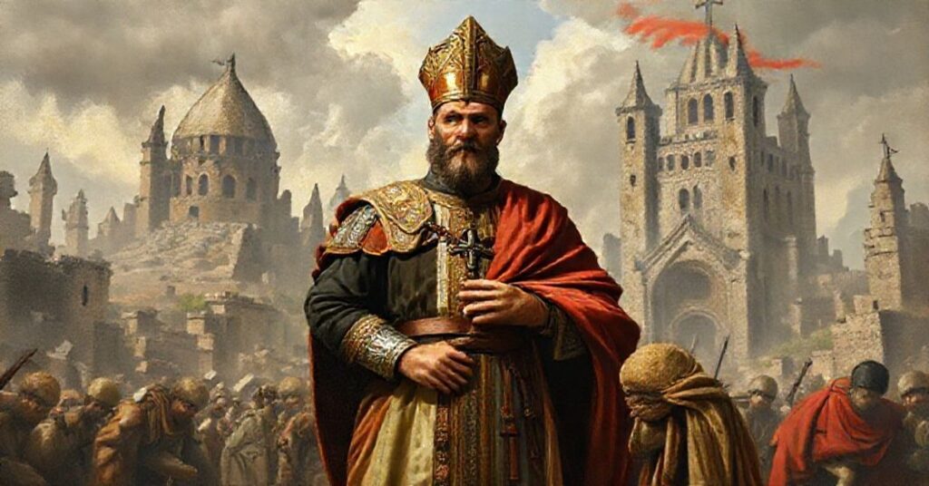 A reverent portrait of St. Martin of Tours, soldier-turned-bishop, defending the Faith against heresy in a historically accurate Catholic setting.