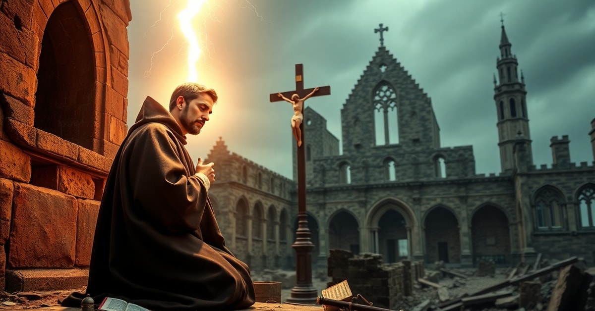 Portrait of St. Norbert of Xanten in traditional Norbertine habit, kneeling in prayer with a lightning strike symbolizing his miraculous conversion.