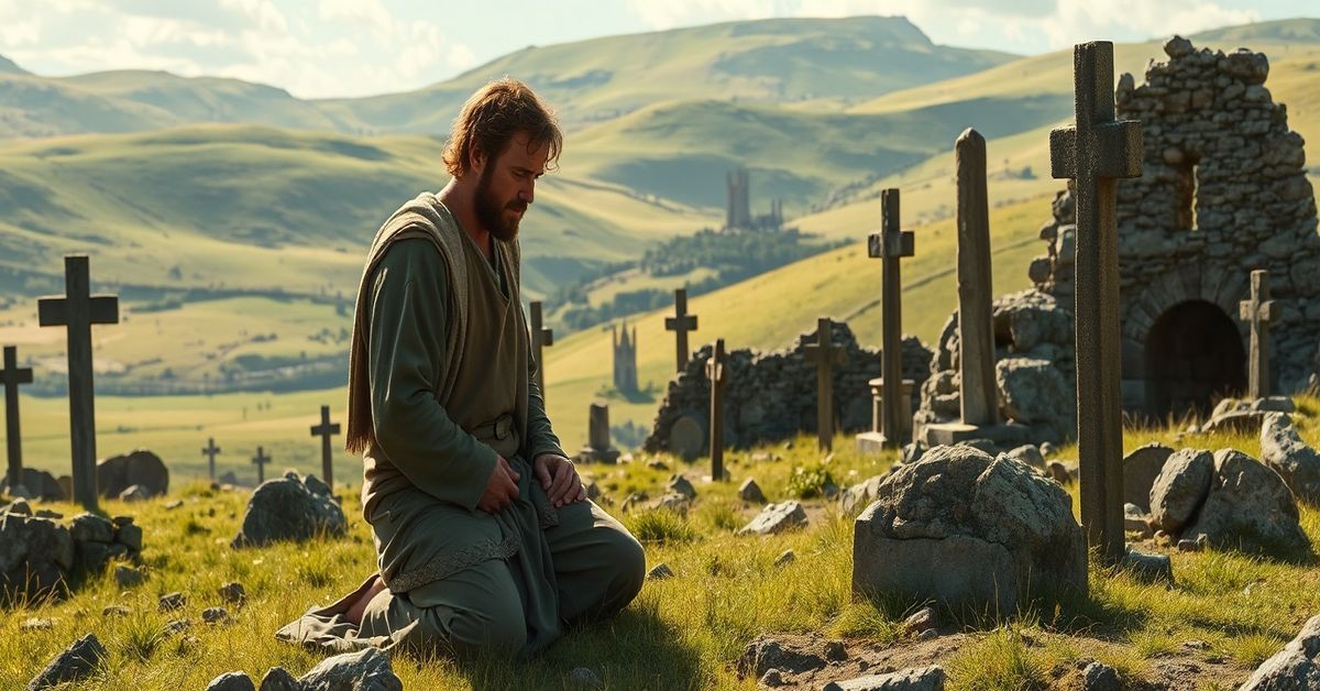 St. Patrick kneeling in prayer during his captivity in Ireland, surrounded by Celtic crosses and ancient ruins.