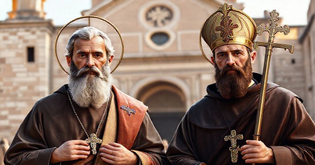 A reverent depiction of St. Peter and St. Patrick in a traditional Catholic setting, symbolizing authentic sanctity and doctrinal fidelity.