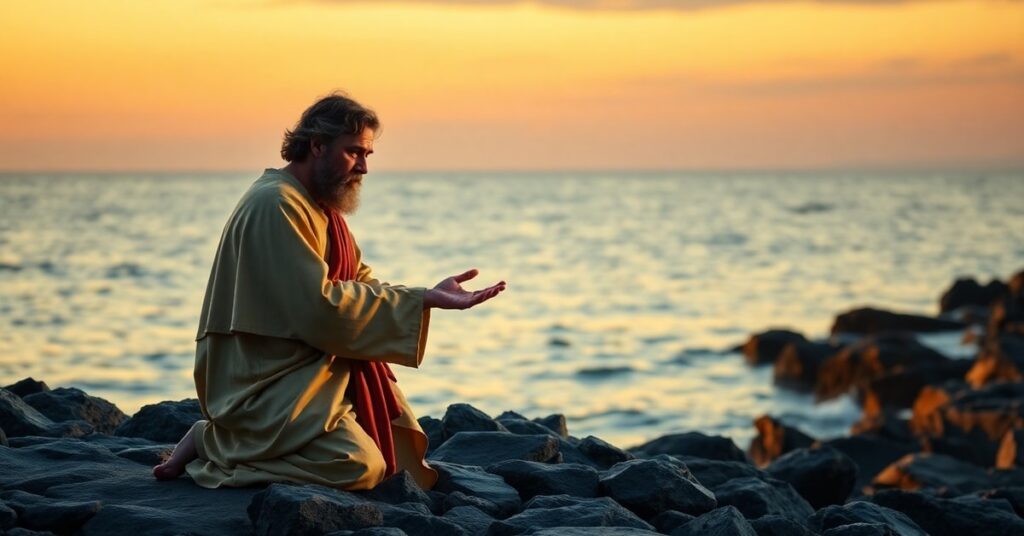 Traditional Catholic depiction of Saint Peter in humble repentance before Christ after his denial, illustrating the divine institution of the Papacy rather than psychological collapse