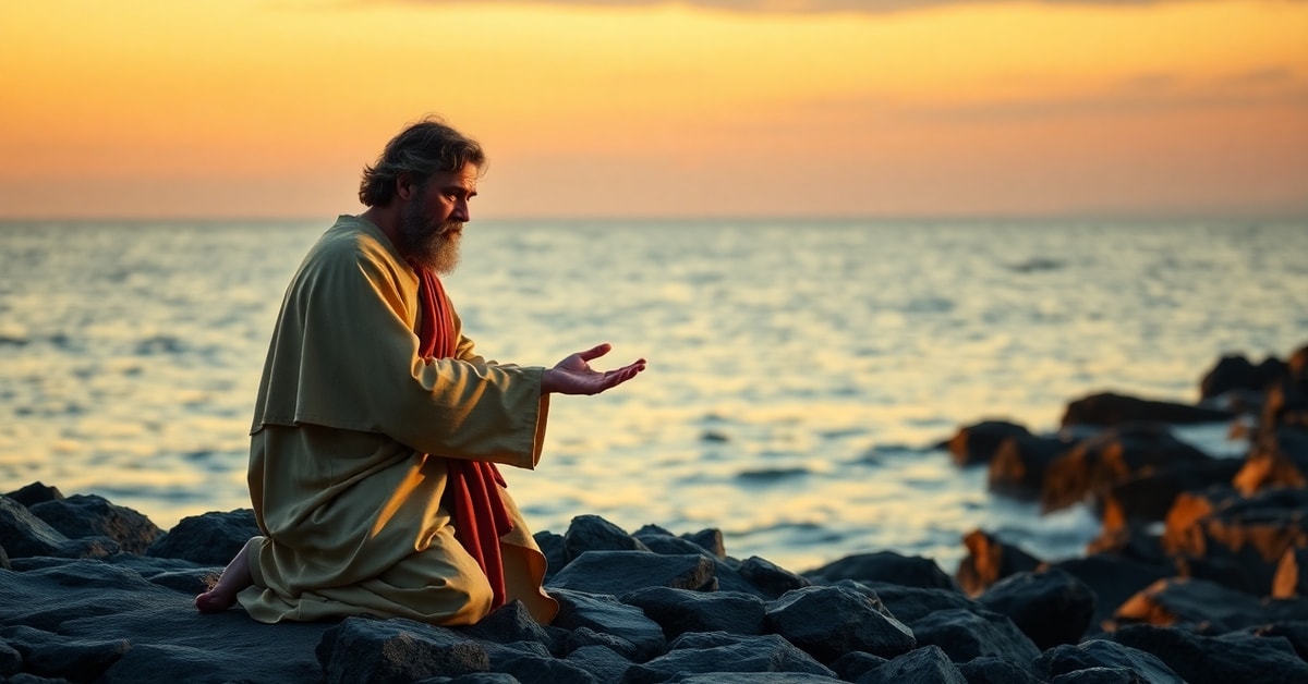 Traditional Catholic depiction of Saint Peter in humble repentance before Christ after his denial, illustrating the divine institution of the Papacy rather than psychological collapse